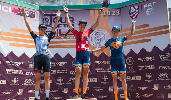 Cyclist Austin Killips, center, became the first transgender athlete to win the Tour of the Gila women&#x27;s race in Silver City, New Mexico, on April 30, 2023. (Photo courtesy of SkyWest Media)