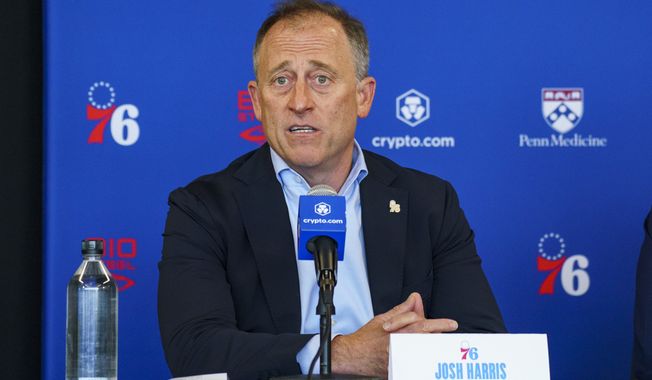 Philadelphia 76ers owner Josh Harris takes questions from the media during a press conference at the NBA basketball team&#x27;s facility, Thursday, June 1, 2023, in Camden, N.J. (AP Photo/Chris Szagola)