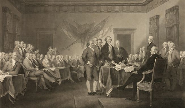 This image shows an 1876 engraving titled &quot;Declaration of Independence, July 4th, 1776&quot; made available by the Library of Congress. On that day, the Continental Congress formally endorsed the Declaration of Independence. Celebrations began within days: parades and public readings, bonfires and candles and the firing of 13 musket rounds, one for each of the original states. Nearly a century passed before the country officially named its founding a holiday. ( J. Trumbull, W.L. Ormsby via AP)