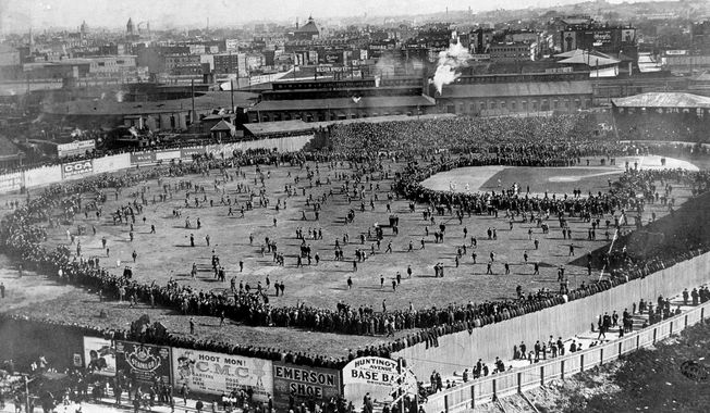 This aerial view shows the Huntington Avenue Baseball Grounds during  the first World Series game between the Boston Pilgrims and the Pittsburgh Pirates in Boston, Ma., on Oct. 1, 1903.   The Pirates defeated the Pilgrims in game one, 7-3.  Boston went on to win the first American League versus the National League World Series, five games to three.  (AP Photo)
