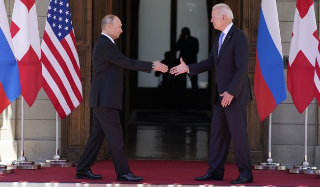 President Joe Biden and Russian President Vladimir Putin, arrive to meet at the &#x27;Villa la Grange&#x27;, Wednesday, June 16, 2021, in Geneva, Switzerland. (AP Photo/Patrick Semansky)