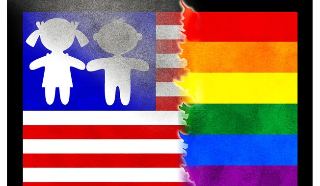 Illustration on the encroaching sexualization of children through LGBTQ and ruling elites by Alexander Hunter/The Washington Times