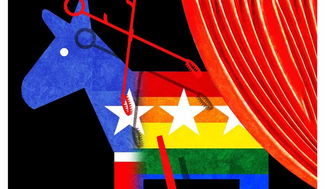 Illustration on the Democratic Party’s LGBTQ political weaknesses by Alexander Hunter/The Washington Times