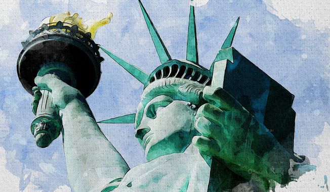 Statue of Liberty and American dream of freedom realized Illustration by Greg Groesch/The Washington Times