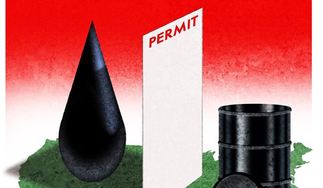 Illustration on American energy production and government permits by Alexander Hunter/The Washington Times