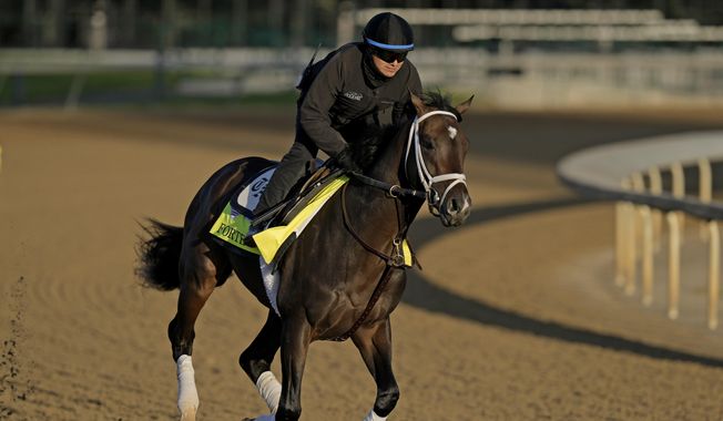 Kentucky Derby hopeful Forte works out at Churchill Downs on May 2, 2023, in Louisville, Ky. Forte, the Kentucky Derby favorite who was scratched the morning of the race because of a foot injury, had his final workout Saturday, June 3, for next weekend&#x27;s $1.5 million Belmont Skates. (AP Photo/Charlie Riedel, File)