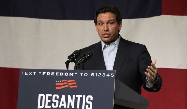 Republican presidential candidate Florida Gov. Ron DeSantis speaks during a campaign event, Tuesday, May 30, 2023, in Clive, Iowa. (AP Photo/Charlie Neibergall)
