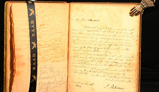 The Raab Collection — a family-owned business dealing in historic signatures and letters — has announced the discovery of a previously unknown, early 19th-century autograph book, or “friendship album”  which includes both the signature and some practical advice from founding father and U.S. president John Adams. (Image courtesy of the Raab Collection).