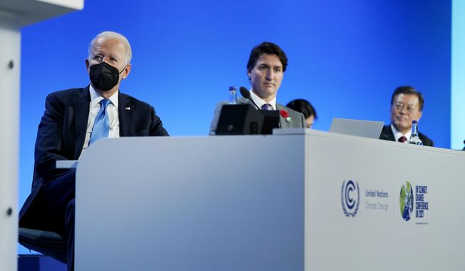 President Joe Biden, Canadian Prime Minister Justin Trudeau and Japan&#x27;s Prime Minister Fumio Kishida, listen during an event about the &amp;quot;Global Methane Pledge&amp;quot; at the COP26 U.N. Climate Summit, Tuesday, Nov. 2, 2021, in Glasgow, Scotland. (AP Photo/Evan Vucci)
