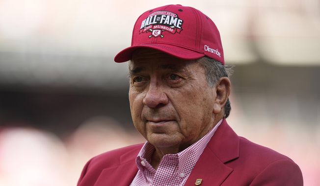 Former Cincinnati Reds player Johnny Bench looks on after being introduced during the Reds Hall of Fame Induction Ceremony before a baseball game between the Reds and the Milwaukee Brewers, Saturday, July 15, 2023, in Cincinnati. (AP Photo/Darron Cummings)