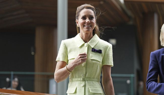 The Princess of Wales during a visit on day thirteen of the 2023 Wimbledon Championships at the All England Lawn Tennis and Croquet Club in Wimbledon,: Saturday July 15, 2023. (Victoria Jones/pool photo via AP)