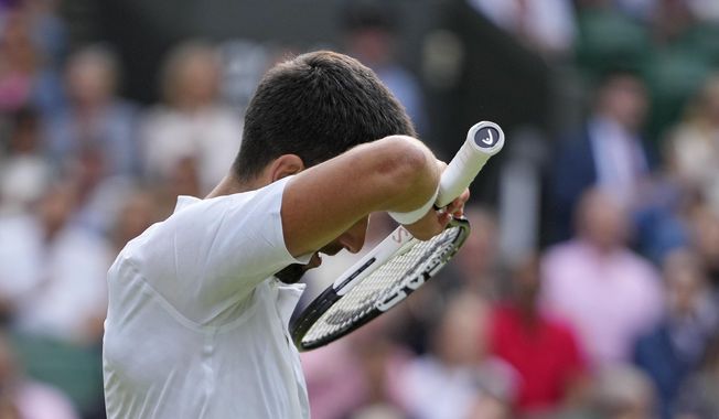 Serbia&#x27;s Novak Djokovic wipes his brow as he plays against Spain&#x27;s Carlos Alcaraz in the final of the men&#x27;s singles on day fourteen of the Wimbledon tennis championships in London, Sunday, July 16, 2023. (AP Photo/Kirsty Wigglesworth)