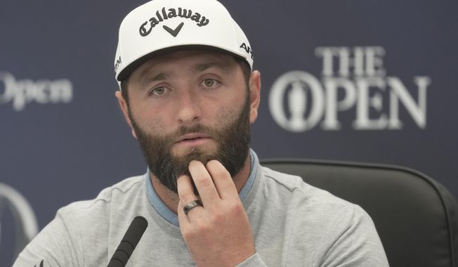 Spain&#x27;s Jon Rahm speaks at a press conference for the British Open Golf Championships at the Royal Liverpool Golf Club in Hoylake, England, Tuesday, July 18, 2023. The Open starts Thursday, July 20. (AP Photo/Kin Cheung)