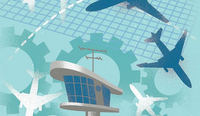 Illustration on modernizing the FAA by Linas Garsys/The Washington Times
