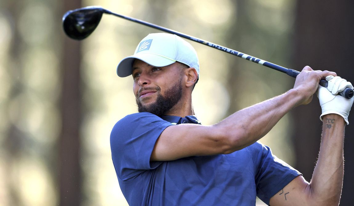 Stephen Curry watches a tee shot on the 16th hole during a practice round at American Century Championship golf tournament Wednesday, July 12, 2023, in Stateline, Nev. (Scott Strazzante/San Francisco Chronicle via AP) **FILE**