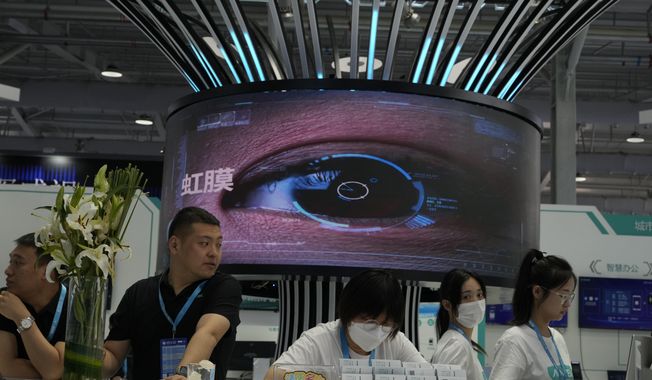 A giant eye is displayed at a booth during Security China 2023 in Beijing, on June 9, 2023. After years of breakneck growth, China&#x27;s security and surveillance industry is now focused on shoring up its vulnerabilities to the United States and other outside actors, worried about risks posed by hackers, advances in artificial intelligence and pressure from rival governments. The renewed emphasis on self-reliance, combating fraud and hardening systems against hacking was on display at the recent Security China exhibition in Beijing. (AP Photo/Ng Han Guan)
