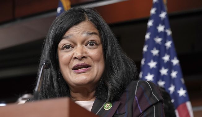 Rep. Pramila Jayapal, D-Wash., speaks during a news conference, May 24, 2023, on Capitol Hill in Washington. The House will vote on a Republican-led resolution reaffirming support for Israel, which appears to serve as implicit rebuke of a leading Democrat who called the country a “racist state” but later apologized. (AP Photo/Mariam Zuhaib, File)