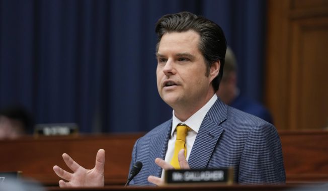 Rep. Matt Gaetz, R-Fla., speaks during the House Armed Services Committee hearing on the Department of the Navy&#x27;s budget request for fiscal year 2024, on Capitol Hill in Washington, Friday, April 28, 2023. (AP Photo/Carolyn Kaster) ** FILE **