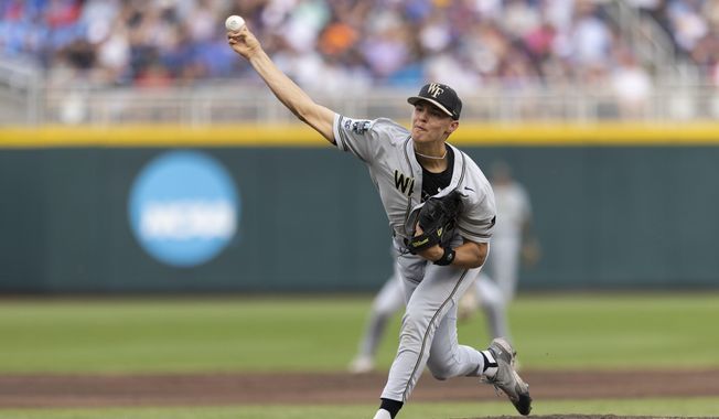Wake Forest starting pitcher Seth Keener throws to an LSU batter during the first inning of a baseball game at the NCAA College World Series in Omaha, Neb., Wednesday, June 21, 2023. (AP Photo/Rebecca S. Gratz) **FILE**