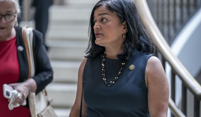 Rep. Pramila Jayapal, D-Wash., chair of the Progressive Caucus, arrives as the House Democratic Caucus meets before a vote on the debt limit deal negotiated by Speaker of the House Kevin McCarthy, R-Calif., and President Joe Biden, at the Capitol in Washington, Wednesday, May 31, 2023. (AP Photo/J. Scott Applewhite)