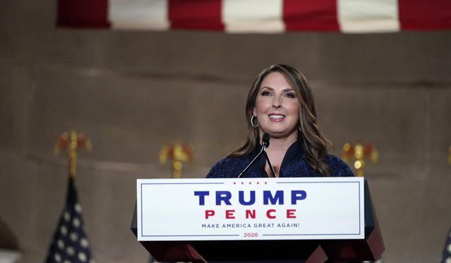 Republican National Committee Chairwoman, Ronna McDaniel, speaks during the Republican National Convention from the Andrew W. Mellon Auditorium in Washington, Monday, Aug. 24, 2020. (AP Photo/Susan Walsh) ** FILE **