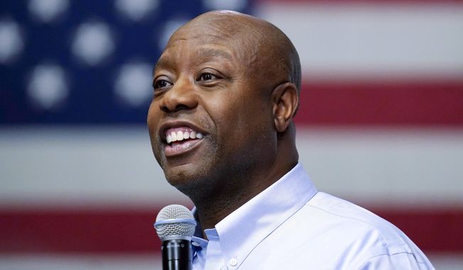 FILE - Republican presidential candidate Sen. Tim Scott, R-S.C., speaks during a town hall, May 8, 2023, in Manchester, N.H. At the Faith &amp; Freedom Coalition’s annual conference in Washington, former President Donald Trump will give the keynote address Saturday night. Many of his Republican rivals are set to speak Friday, including Florida Gov. Ron DeSantis, former Vice President Mike Pence, Sen. Tim Scott and former New Jersey Gov. Chris Christie. (AP Photo/Charles Krupa, File)