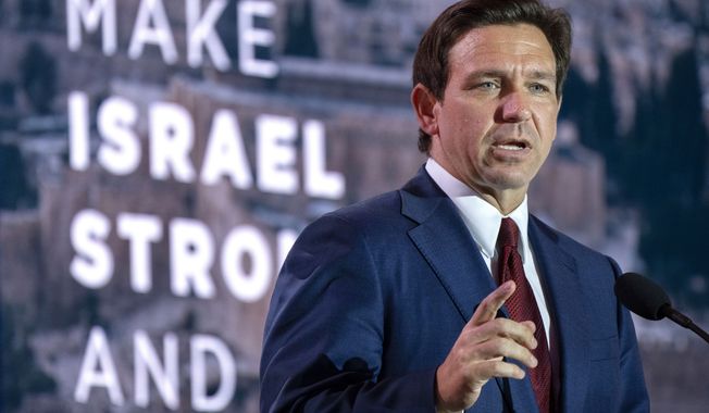 Republican presidential candidate Florida Gov. Ron DeSantis speaks to the Christians United For Israel (CUFI) Summit 2023, Monday, July 17, 2023, in Arlington, Va. (AP Photo/Jacquelyn Martin)