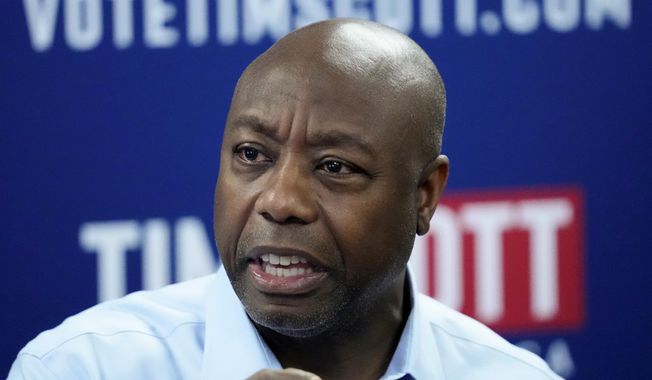 FILE - Republican presidential candidate South Carolina Sen. Tim Scott speaks during a campaign event with the New Hampshire Federation of Republican Women, Thursday, May 25, 2023, in Manchester, N.H. (AP Photo/Robert F. Bukaty, File)