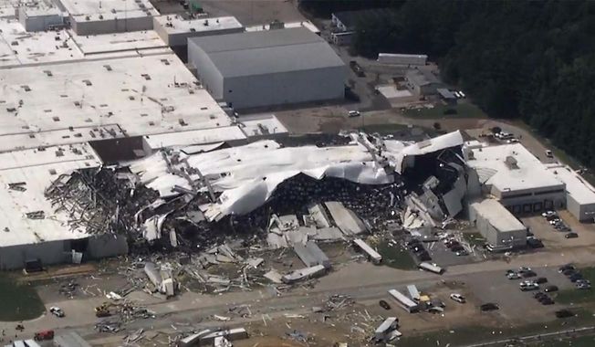 The Pfizer plant is damaged after severe weather passed the area on Wednesday, July 19, 2023 in Rocky Mount, N.C. (WTVD via AP)