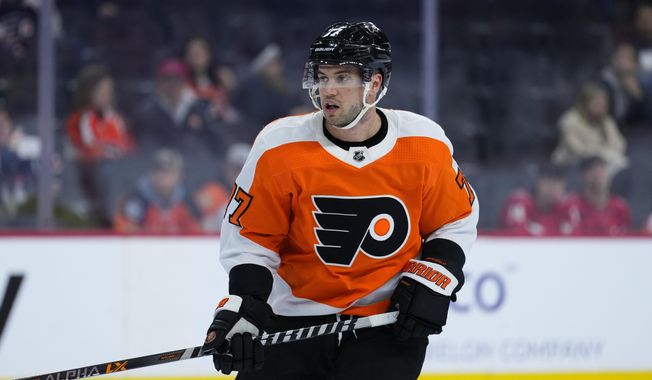 Philadelphia Flyers&#x27; Tony DeAngelo plays during an NHL hockey game, Wednesday, Jan. 11, 2023, in Philadelphia. The Philadelphia Flyers have placed defenseman Tony DeAngelo on unconditional waivers after one season with the club. (AP Photo/Matt Slocum, File)