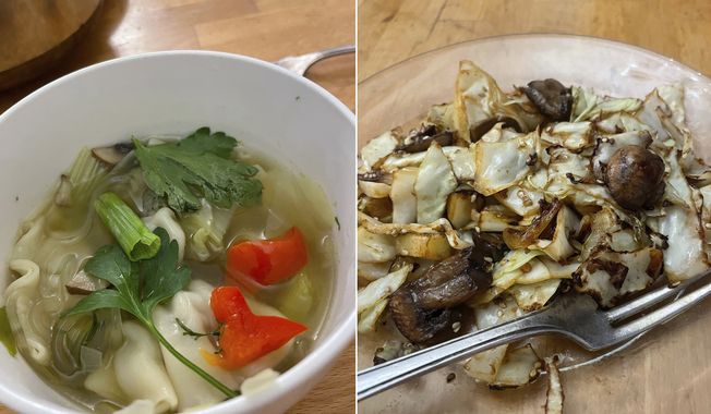 This combination of photos shows shows soup made with chicken-cilantro dumplings from the freezer and leftover vegetables, left, and stir-fried mushrooms with the cabbage. (Beth J. Harpaz via AP)