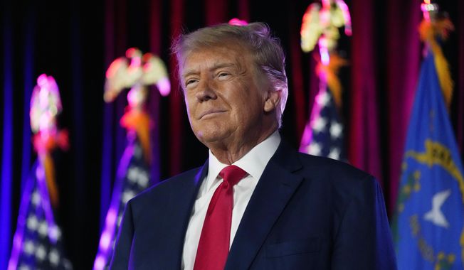 Former President Donald Trump speaks at a campaign event, Saturday, July 8, 2023, in Las Vegas. Lawyers for former President Donald Trump are asking Georgia&#x27;s highest court to prevent the district attorney who’s been investigating his actions in the wake of the 2020 election from prosecuting him. (AP Photo/John Locher, File)