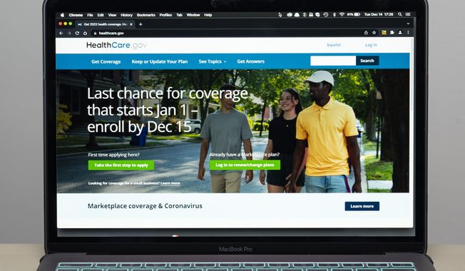The healthcare.gov website is seen on Dec. 14, 2021, in Fort Washington, Md. Affordable Care Act requirements that health insurance plans include coverage of HIV prevention, some types of cancer screenings and other preventive care can stay in place while a court battle over the mandates plays out, under a court agreement approved Tuesday, June 13, 2023. (AP Photo/Alex Brandon, File)