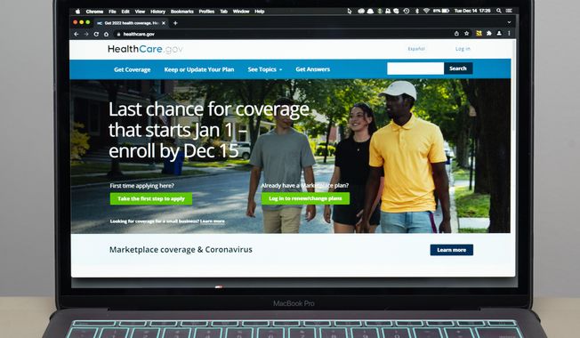 The healthcare.gov website is seen on Dec. 14, 2021, in Fort Washington, Md. A federal appeals court in New Orleans prepared to hear arguments Tuesday, June 6, 2023, on whether insurers can be required to provide coverage for certain types of preventive care, including HIV prevention and certain types of cancer screening, under former President Barack Obama’s signature health care law. (AP Photo/Alex Brandon) **FILE**