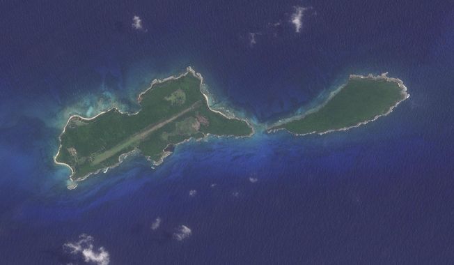 This image provided by Planet Labs PBC shows Great Swan Island or the Islas del Cisne in Honduras, on July 13, 2023. Honduras says it will build a maximum security prison on this tiny island off its Caribbean coast to contain the leaders of the country’s most fearsome gangs. (Planet Labs PBC via AP)