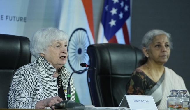 U.S. Treasury Secretary Janet Yellen, left and Finance Minister of India Nirmala Sitharaman address media during G-20&#x27;s third Finance Ministers and Central Bank Governors (FMCBGs) meeting in Gandhinagar, India, Monday, July 17, 2023, under the Indian G20 presidency. (AP Photo/Ajit Solanki)