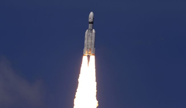 In this photo released by the Indian Space Research Organisation (ISRO), Indian spacecraft Chandrayaan-3, the word for “moon craft” in Sanskrit, lifts off from Sriharikota, India. The spacecraft blazed its way to the far side of the moon Friday in a follow-up mission to its failed effort nearly four years ago to land a rover softly on the lunar surface, the country&#x27;s space agency said. A successful landing would make India the fourth country, after the United States, the Soviet Union, and China, to achieve the feat. (Indian Space Research Organisation via AP)