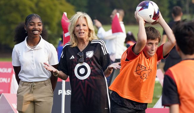 First lady Jill Biden attends the Youth Soccer Clinic with Major League Soccer on the South Lawn of the White House, Monday, July 17, 2023 in Washington. (AP Photo/Manuel Balce Ceneta)