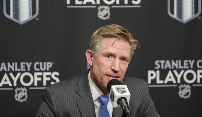 Seattle Kraken head coach Dave Hakstol speaks to the media after a 3-2 win in overtime against the Colorado Avalanche in Game 4 of an NHL hockey Stanley Cup first-round playoff series Monday, April 24, 2023, in Seattle. The Seattle Kraken on Wednesday, July 19, signed coach Dave Hakstol to a contract extension through the 2025-26 season after he led the franchise to the second round of the playoffs in its second season.(AP Photo/Lindsey Wasson, File)