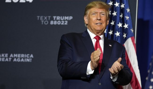 FILE - Former President Donald Trump arrives at a campaign rally, Thursday, April 27, 2023, in Manchester, N.H. Donald Trump&#x27;s town hall forum on CNN on Wednesday, May 10, 2023, is the first major TV event of the 2024 presidential campaign, and a big test for the chosen moderator, Kaitlan Collins. (AP Photo/Charles Krupa, File)