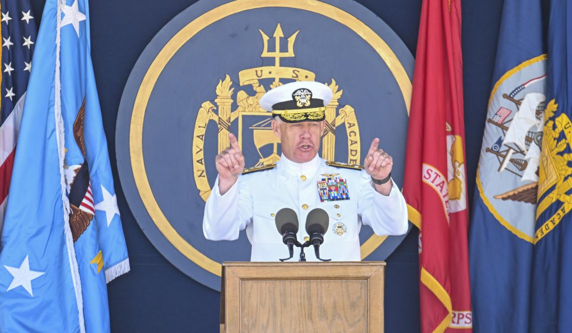 Superintendent Vice Admiral Sean S. Buck addresses members of the class of 2023 during the U.S. Naval Academy&#x27;s graduation and commissioning ceremony at the Navy-Marine Corps Memorial Stadium on Friday, May 26, 2023 in Annapolis, Md. (Jerry Jackson/The Baltimore Sun via AP)