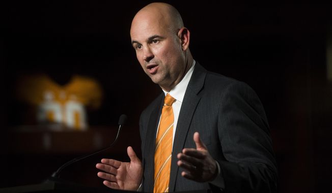 New Tennessee NCAA college football head coach Jeremy Pruitt speaks at his introduction ceremony in Knoxville, Tenn., Thursday, Dec. 7, 2017. The NCAA fined Tennessee more than $8 million on Friday, July 14, 2023, and issued a scathing report outlining more than 200 infractions during the three-year tenure of former coach Jeremy Pruitt. The Volunteers escaped a postseason ban. (Caitie McMekin/Knoxville News Sentinel via AP, File)