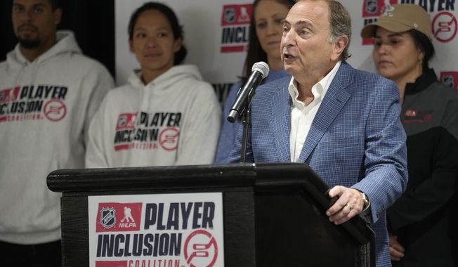 NHL commissioner Gary Bettman delivers remarks during a news conference to announce the formation of the Player Inclusion Coalition, Tuesday, June 27, 2023, in Nashville, Tenn. The NHL and NHLPA are launching a new inclusion committee made up of current and former men&#x27;s and women&#x27;s players, with minority and LGBTQ+ representation, aimed at diversifying hockey and making the sport more welcoming. (AP Photo/George Walker IV)