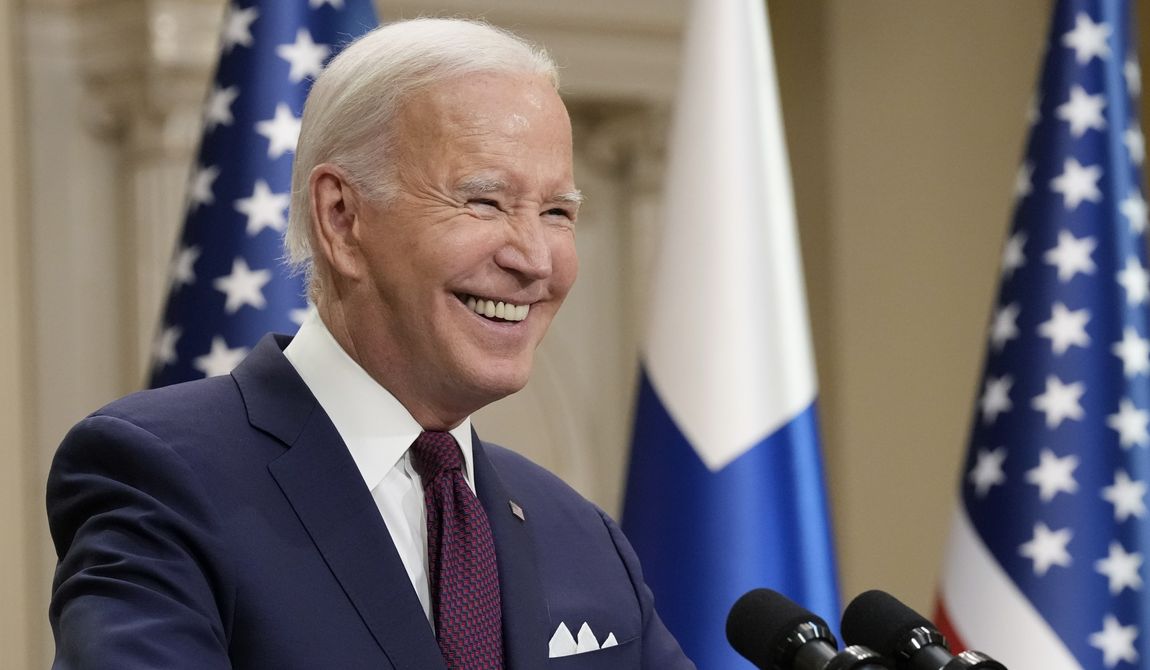 President Joe Biden smiles during a news conference with Finland&#x27;s President Sauli Niinisto at the Presidential Palace in Helsinki, Finland, Thursday, July 13, 2023. On Friday, July 14, The Associated Press reported on stories circulating online incorrectly claiming Biden was impeached for high crimes and misdemeanors in June 2023. (AP Photo/Susan Walsh, File)