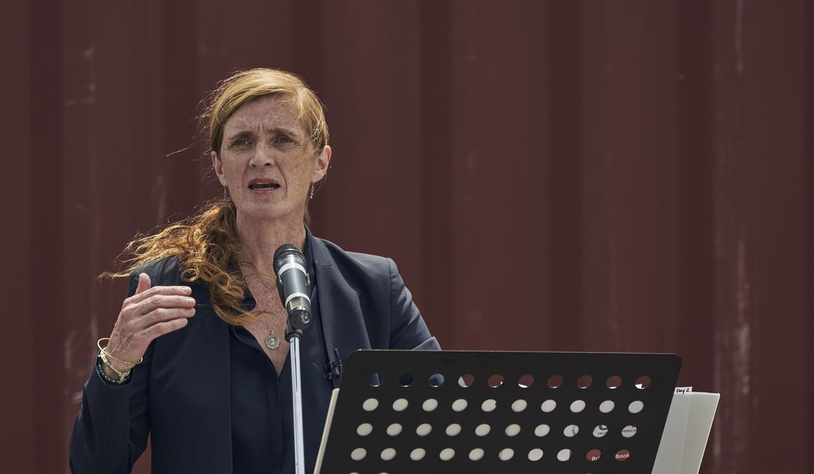 U.S. Agency for International Development Administrator Samantha Power speaks during a news conference at the Port of Odesa, in Odesa, Ukraine, Tuesday, July 18, 2023. (AP Photo/Libkos)