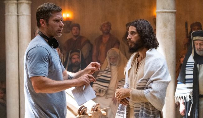 Director Dallas Jenkins and Jesus discuss scene in synagogue. (Angel Studios)