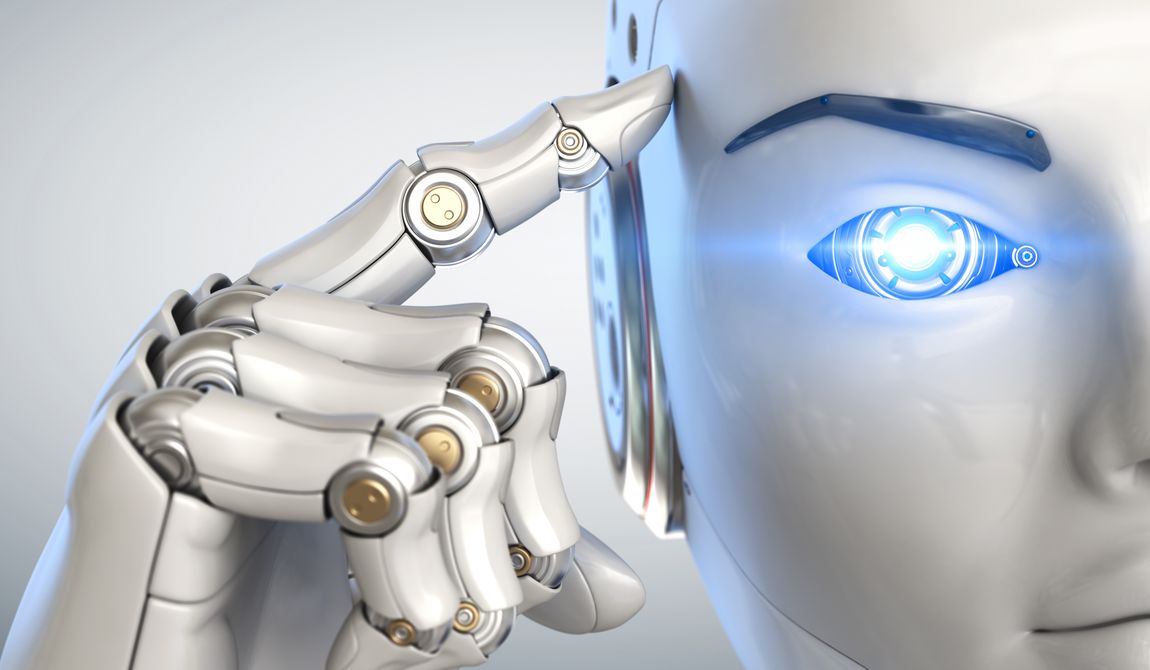 Robot holds a finger near the head. 3D illustration credit: Tatiana Shepeleva via Shutterstock.