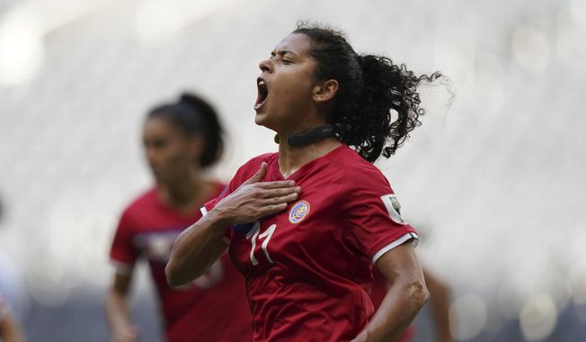 Costa Rica&#x27;s Raquel Rodriguez celebrates after scoring the opening goal against Panama during a CONCACAF Women&#x27;s Championship soccer match in Monterrey, Mexico, Tuesday, July 5, 2022. (AP Photo/Fernando Llano, File)