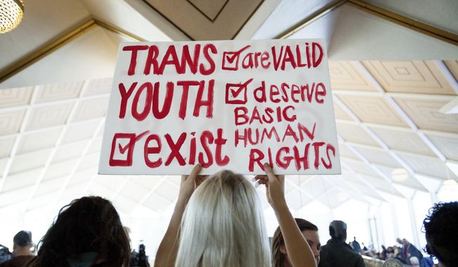 Hunter Schafer, of Raleigh, holds a sign supporting transgender youth during a special session of the North Carolina General Assembly in Raleigh, N.C., Dec. 21, 2016. While Republican lawmakers in North Carolina gear up to override vetoes of bills restricting rights of transgender people, courts across the country have been taking opposing stances on similar laws. If the override efforts are successful, the state will join most other GOP-controlled ones in limiting gender-affirming care such as puberty blockers and hormone treatments for minors. (AP Photo/Ben McKeown, File)