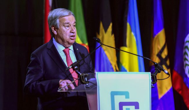 United Nations Secretary-General Antonio Guterres addresses the opening ceremony of the 45th Conference of Heads of Government of the Caribbean Community, CARICOM, at Hyatt Regency Hotel in Port of Spain, Trinidad and Tobago, Monday, July 3, 2023. (AP Photo/Jermaine Cruickshank)